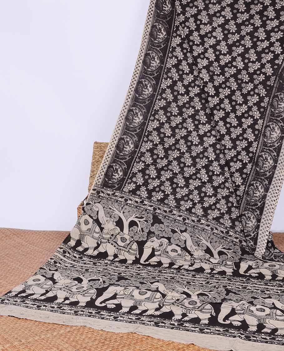 Black floral vine printed kalamkari cotton saree with contrast intricate design border &animal design pallu