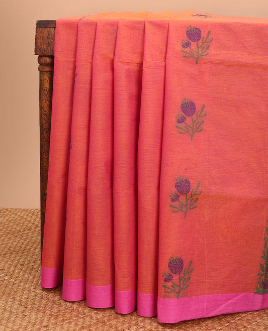Red floral motifs coimbatore cotton saree with contrast border & floral design pallu