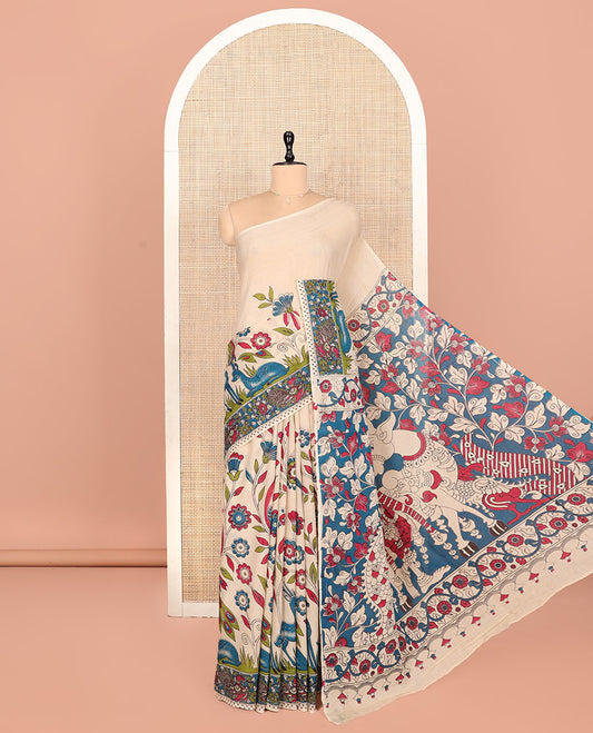 Borderless Sandal Kalamkari Cotton Saree, Elegantly Highlighted with Flora-Fauna Print, Contrast Pallu of Lord Krishna and Cow Motifs, and a Matching Blouse