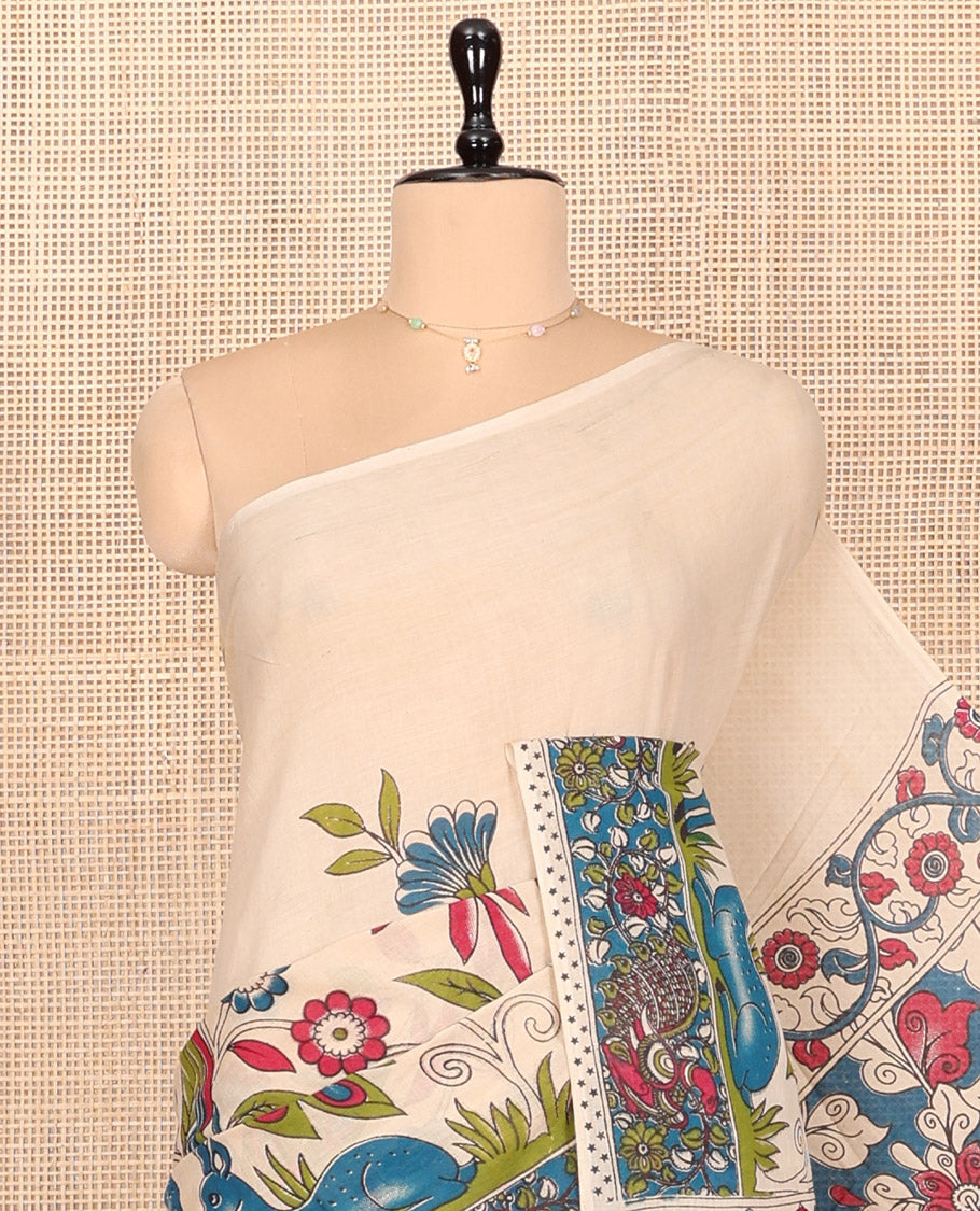 Borderless Sandal Kalamkari Cotton Saree, Elegantly Highlighted with Flora-Fauna Print, Contrast Pallu of Lord Krishna and Cow Motifs, and a Matching Blouse