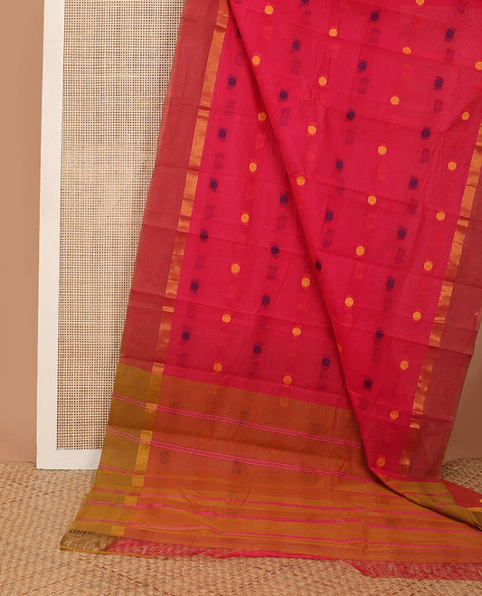 Red kanchi cotton saree with hexagon buttas, contrast zari striped border & striped pallu