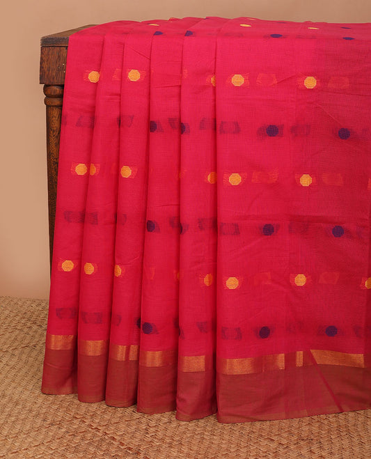 Red kanchi cotton saree with hexagon buttas, contrast zari striped border & striped pallu