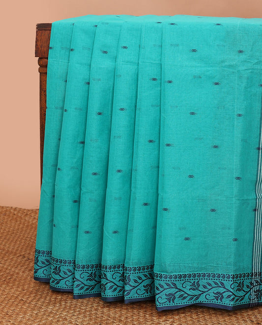 Blue buttas Bengal cotton saree, thread border of floral creeper & paisleys, & pallu of stripes & buttas