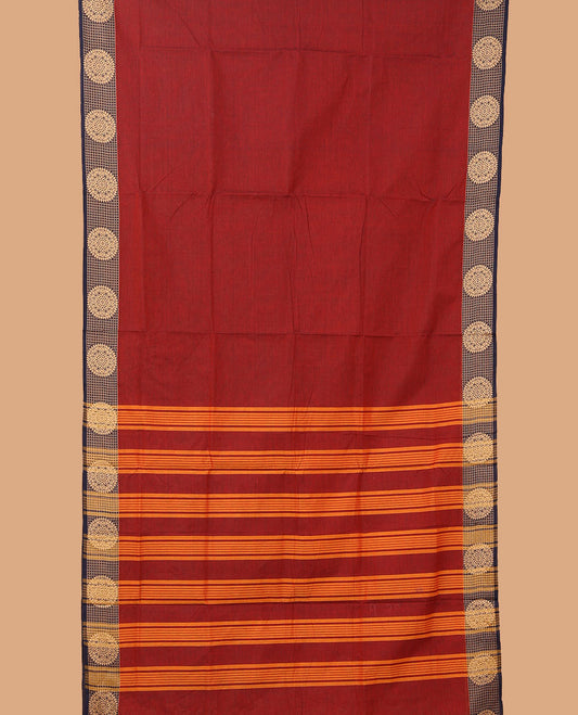 Maroon plain nine-yard cotton saree, contrast chakram motifs border, and pallu of stripes