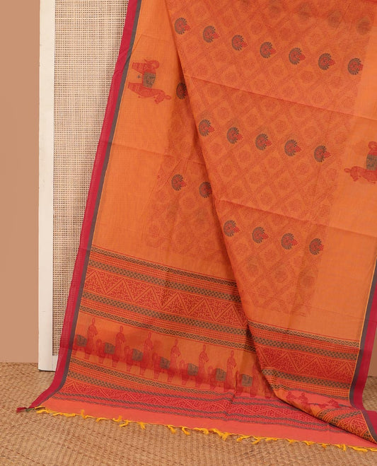 Orange jaal design Kanchi cotton saree, contrast border, and pallu of geometric and animal motifs designs
