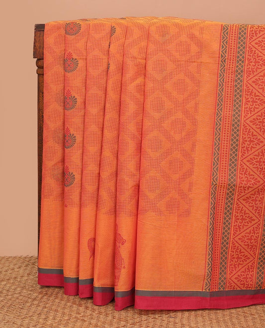 Orange jaal design Kanchi cotton saree, contrast border, and pallu of geometric and animal motifs designs