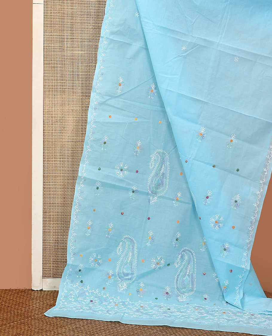 Blue colorful embroidered buttas Lucknowi chikankari saree, thread embroidered border, and floral-paisley motifs embroidered pallu