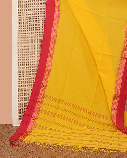 Yellow Plain Khadi Cotton Saree, Complemented by a Contrast Traditional Motifs Thread Woven Border, Striped Pallu, and Comes Without a Blouse
