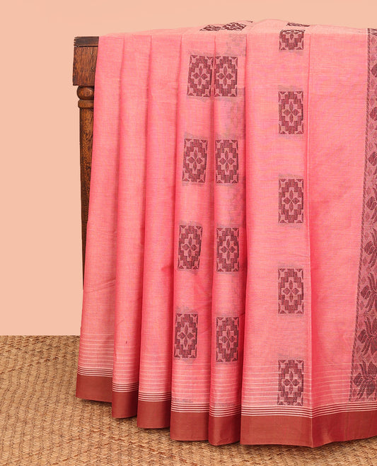Pink Kanchi Cotton Saree, Embellished with Square Buttas All Over Its Body, Complemented by a Contrast Border, Pallu Features Floral and Paisley Designs, and Paired with a Matching Blouse