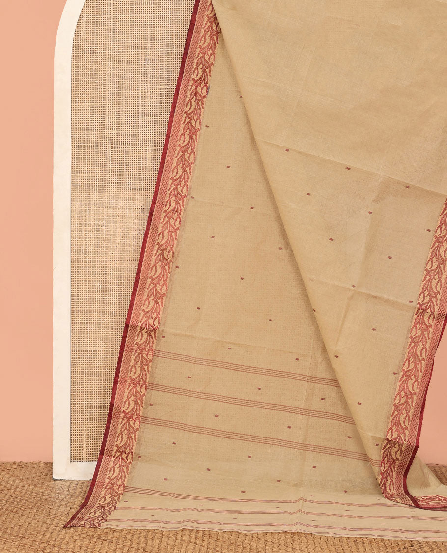 Chikku Bengal Cotton Saree, Accentuated with Buttas, a Self-Border of Vine Design, Striped Pallu, and No Blouse