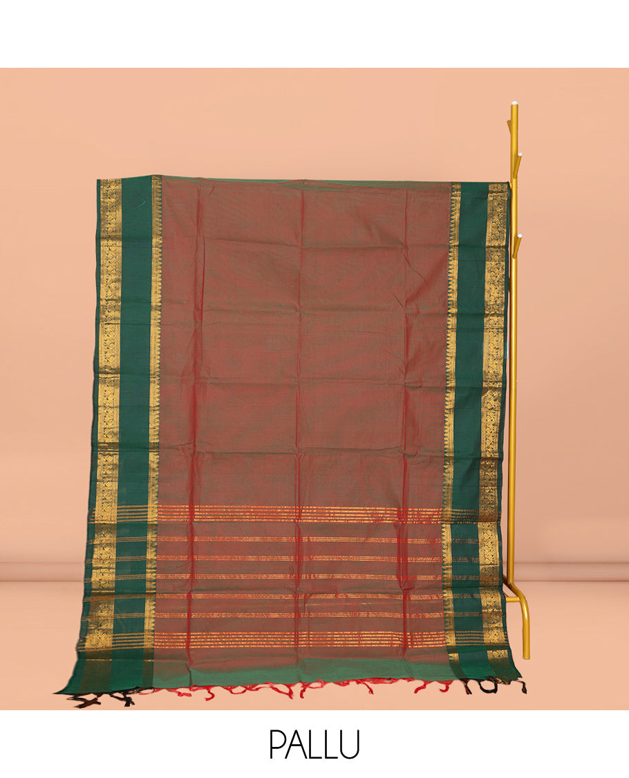 Red-Green Dual-Tone Plain Chettinad Cotton Saree, Complemented by Contrast Traditional Zari Design Rettai Pettu Border, Zari Striped Pallu, and Paired with Matching Blouse