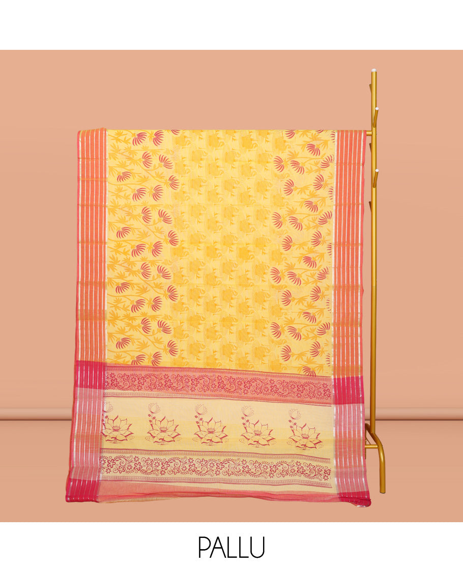 Yellow Chirala Cotton Saree, Decked Up with Swan and Floral Print, Contrast Striped Border, Floral Printed Pallu, and a Matching Blouse