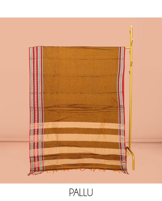 Mustard Embossed Narayanpet Cotton Saree, Complemented by a Contrast Traditional Zari Design Border, Striped Pallu, and Comes Without a Blouse