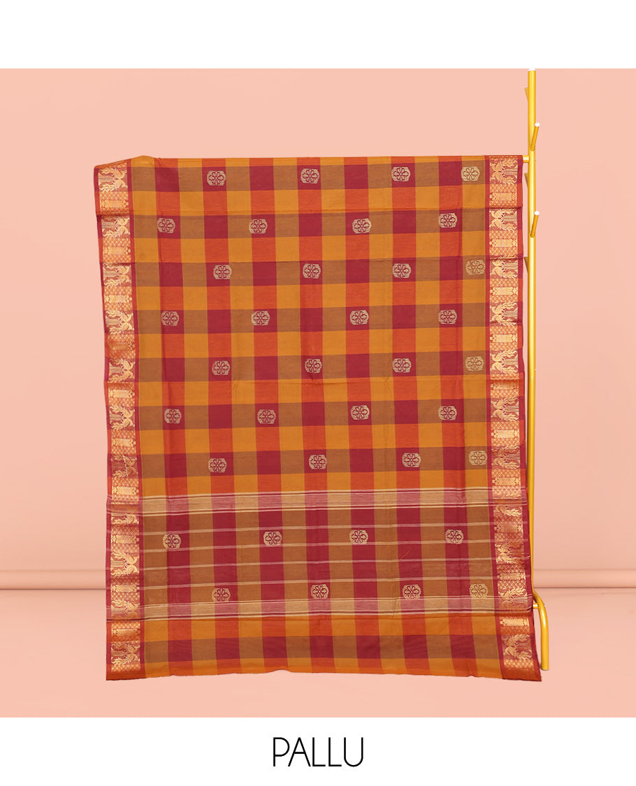 Red-Orange Chettinad Cotton Saree, Woven with Checks and Buttas, Highlighted by Peacock Border, Striped Pallu, and No Blouse