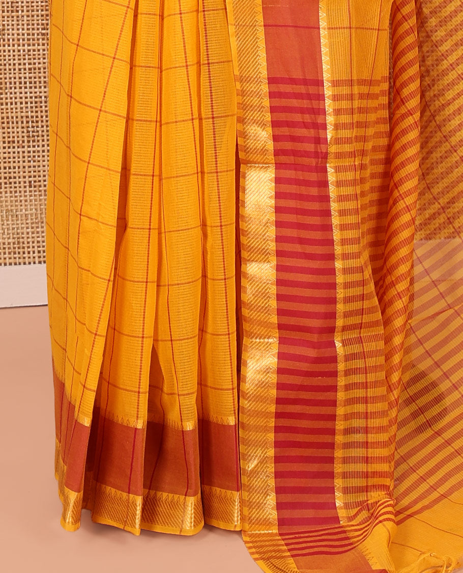 Yellow Andhra Cotton Saree, Subtly Sparkled with Checks, a Contrast Zari Traditional Border, Striped Pallu, and a Matching Blouse