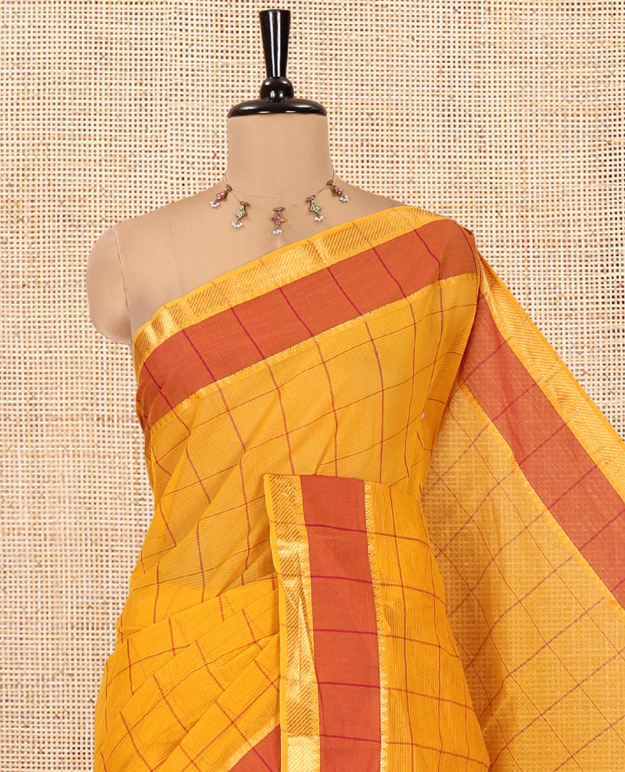 Yellow Andhra Cotton Saree, Subtly Sparkled with Checks, a Contrast Zari Traditional Border, Striped Pallu, and a Matching Blouse