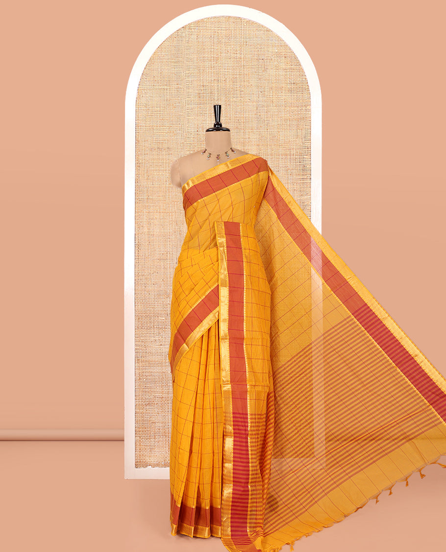 Yellow Andhra Cotton Saree, Subtly Sparkled with Checks, a Contrast Zari Traditional Border, Striped Pallu, and a Matching Blouse