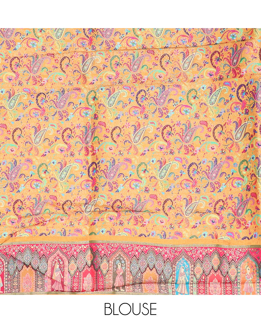 Mustard meenakari floral bouquet and Mughal style motifs dola silk saree, contrast border, and pallu steeped with meenakari motifs