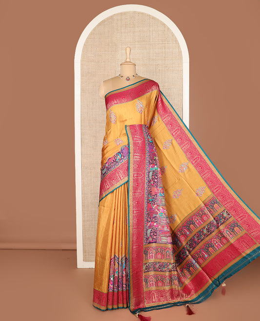 Mustard meenakari floral bouquet and Mughal style motifs dola silk saree, contrast border, and pallu steeped with meenakari motifs