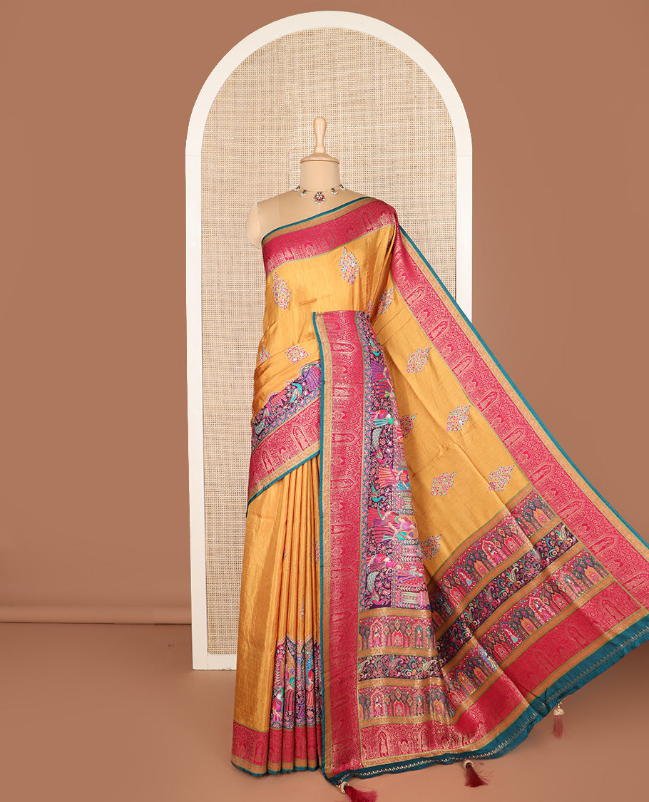 Mustard meenakari floral bouquet and Mughal style motifs dola silk saree, contrast border, and pallu steeped with meenakari motifs