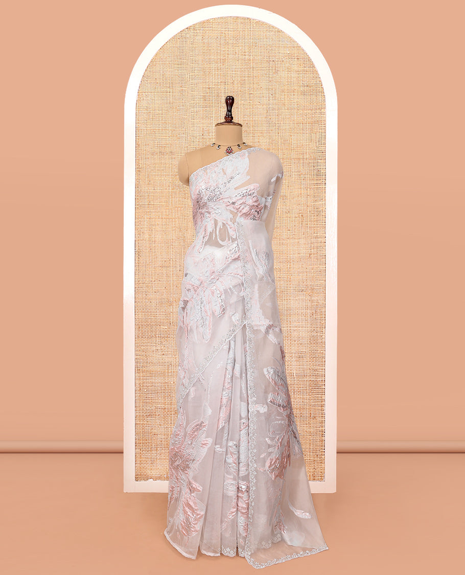 Silver Grey Turkey Organza Saree, Crafted with Floral-themed Rose Gold Threadwork, Swarovski Stonework Border, and Matching Blouse