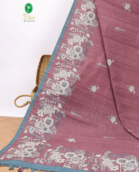 Maroon floral embroered semi-banaras tussar saree with contrast plain border