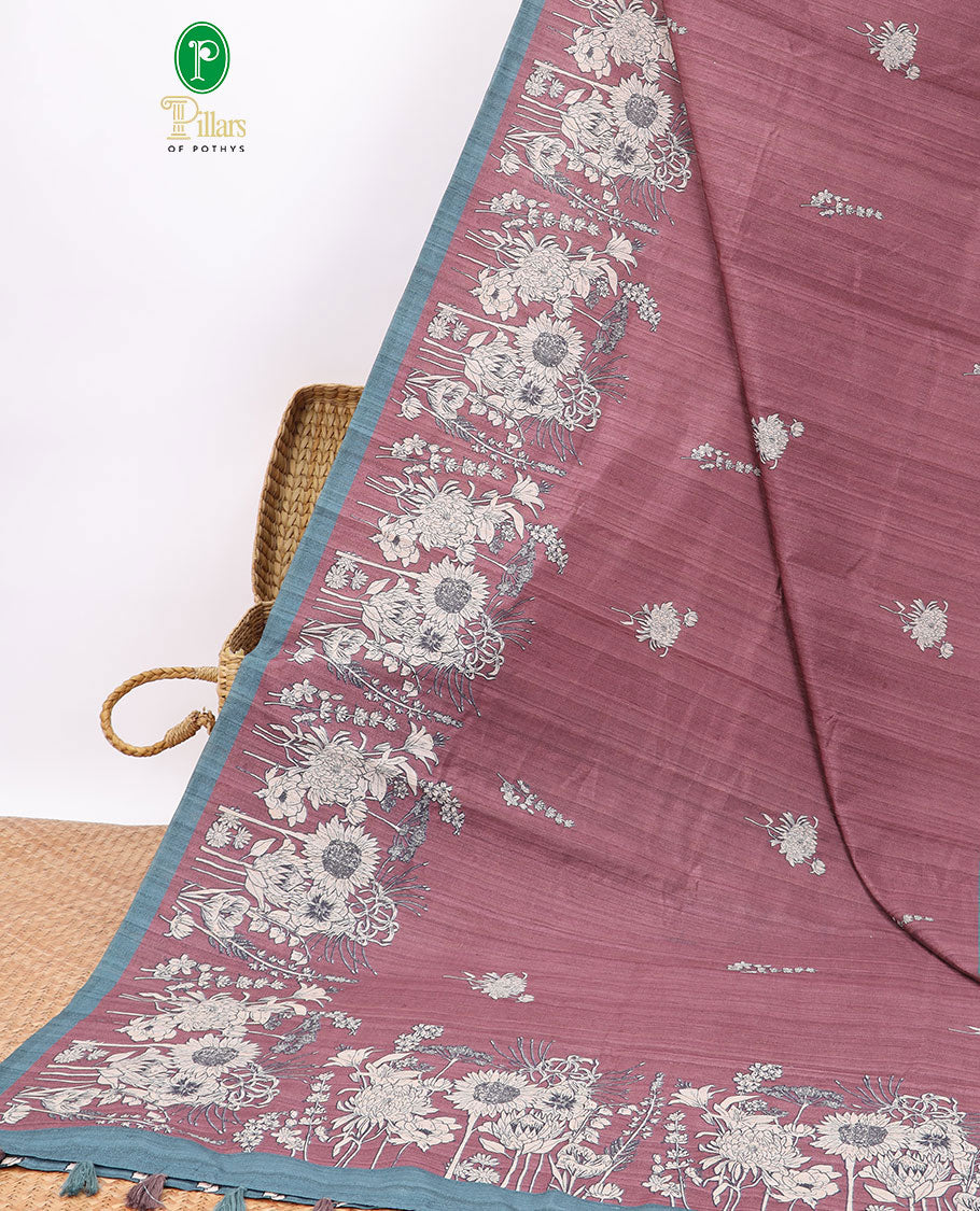 Maroon floral embroered semi-banaras tussar saree with contrast plain border
