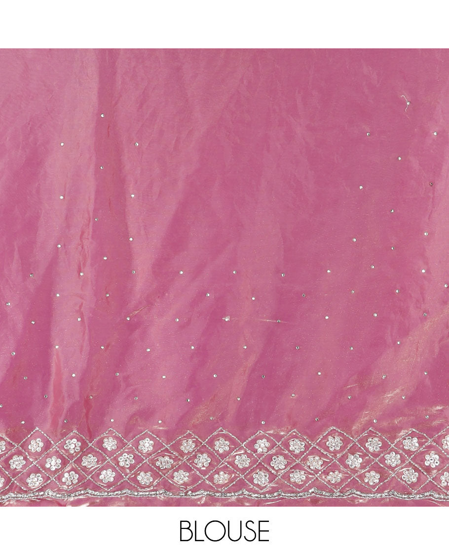 Pink stone embedded designer saree, floral enclosed jaal embroidered scallop border