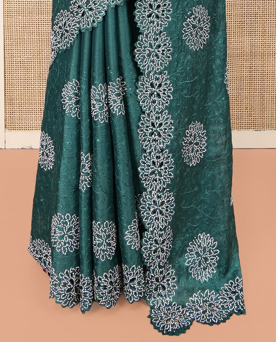 Green Designer Saree Featuring Floral Vine Embroidered and Stone Work All Over Its Body, a Scallop Cut-Embroidered Border, and Matching Blouse