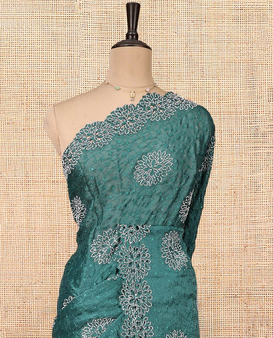 Green Designer Saree Featuring Floral Vine Embroidered and Stone Work All Over Its Body, a Scallop Cut-Embroidered Border, and Matching Blouse