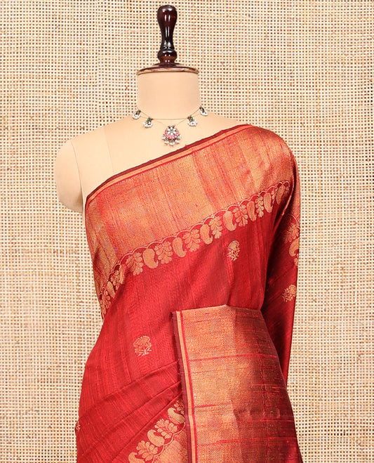 Red Dupion Silk Saree, Subtly Enriched with Buttas, a Traditional Border, Gleaming Zari Pallu, and a Matching Blouse