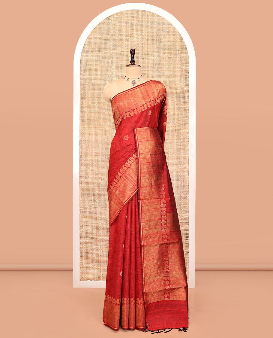 Red Dupion Silk Saree, Subtly Enriched with Buttas, a Traditional Border, Gleaming Zari Pallu, and a Matching Blouse
