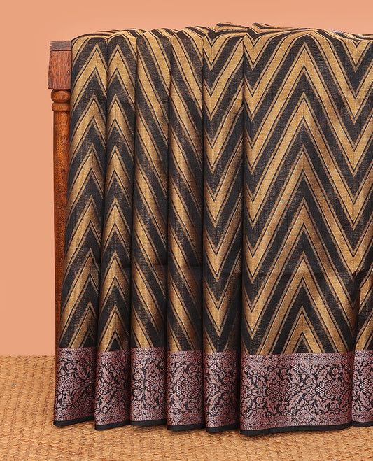 Black chevron striped dupion saree, intricately designed border, and thread striped pallu