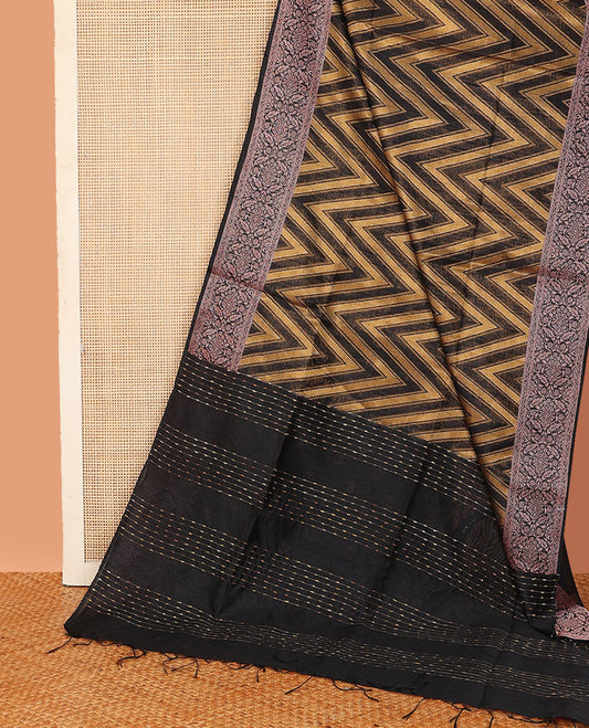 Black chevron striped dupion saree, intricately designed border, and thread striped pallu