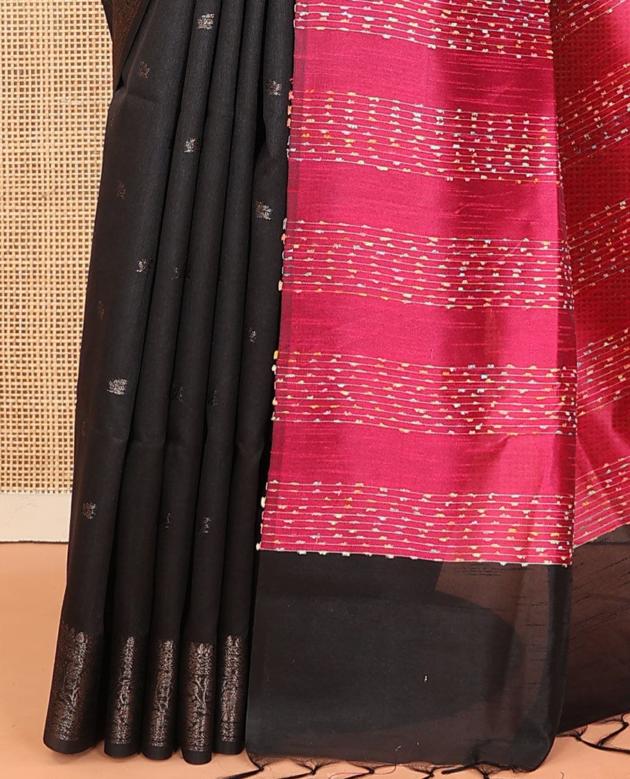 Black zari buttas dupion saree,  floral creeper zari design border, and contrast pallu of thread stripes