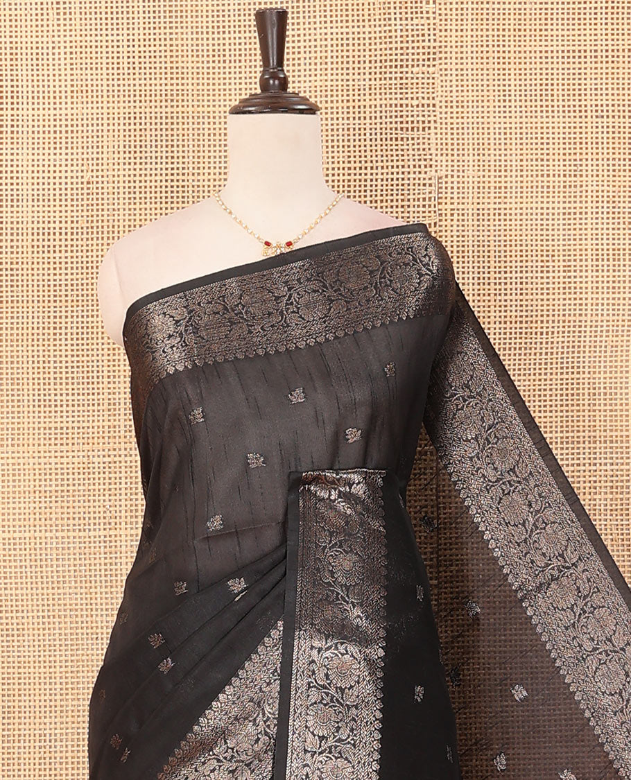 Black zari buttas dupion saree,  floral creeper zari design border, and contrast pallu of thread stripes