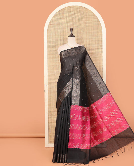 Black zari buttas dupion saree,  floral creeper zari design border, and contrast pallu of thread stripes