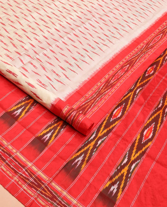 Cream Ikkat Silk Saree with Buttas Across the Body, Highlighted by a Contrast Ikkat-Textured Border, and Pallu Features Stripes and Ikkat Texture