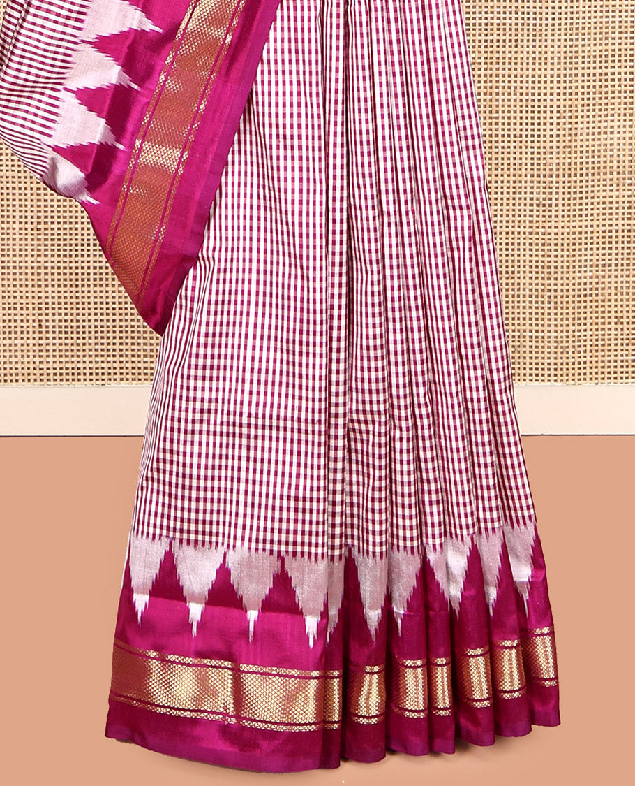 Pink Micro-Checked Pochampally Ikat Saree, a Contrast Temple Zari Border, Ikat-Style Jaal Pallu, and a Contrast Blouse