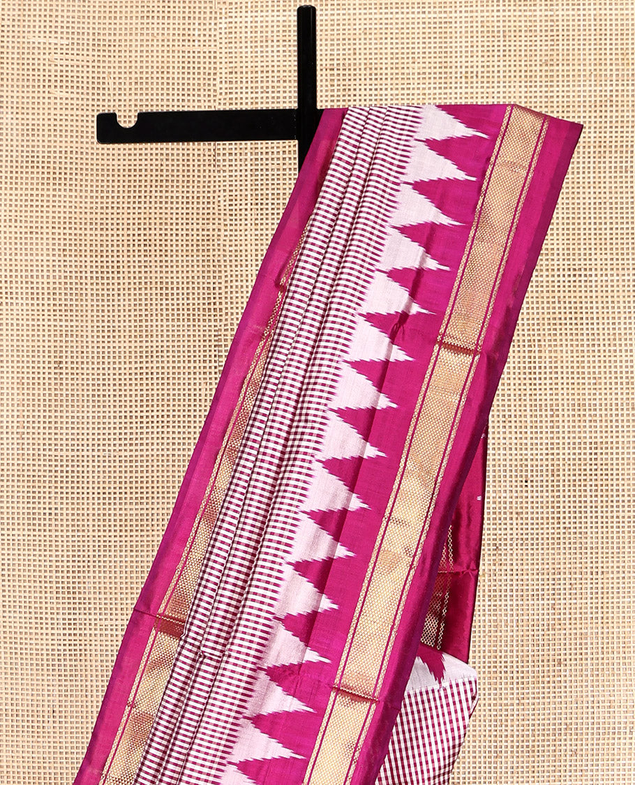 Pink Micro-Checked Pochampally Ikat Saree, a Contrast Temple Zari Border, Ikat-Style Jaal Pallu, and a Contrast Blouse
