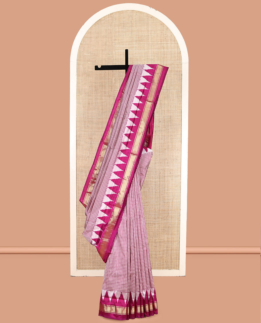 Pink Micro-Checked Pochampally Ikat Saree, a Contrast Temple Zari Border, Ikat-Style Jaal Pallu, and a Contrast Blouse