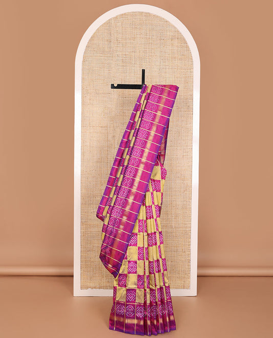 Purple butta enclosed checked ikkat saree, zari border & pallu of butta enclosed checks