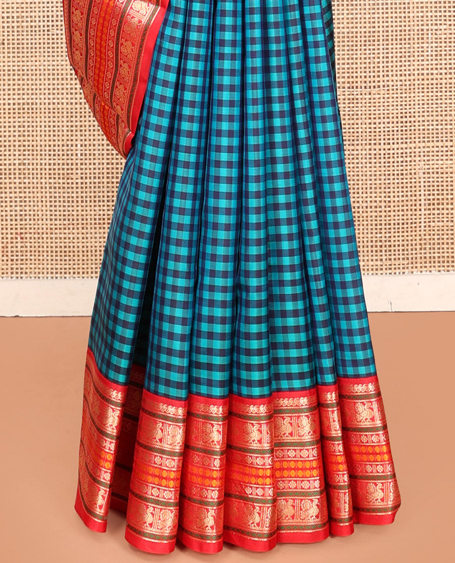 Blue Kanchipuram Silk Saree, Finely Crafted with Kasa-Kasa Checks, Contrast Border of Manga Mokku, Mayil, Poun and Kamalam, Pallu of Traditional Designs, and Contrast Blouse