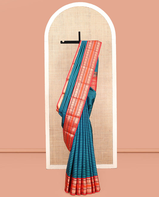 Blue Kanchipuram Silk Saree, Finely Crafted with Kasa-Kasa Checks, Contrast Border of Manga Mokku, Mayil, Poun and Kamalam, Pallu of Traditional Designs, and Contrast Blouse