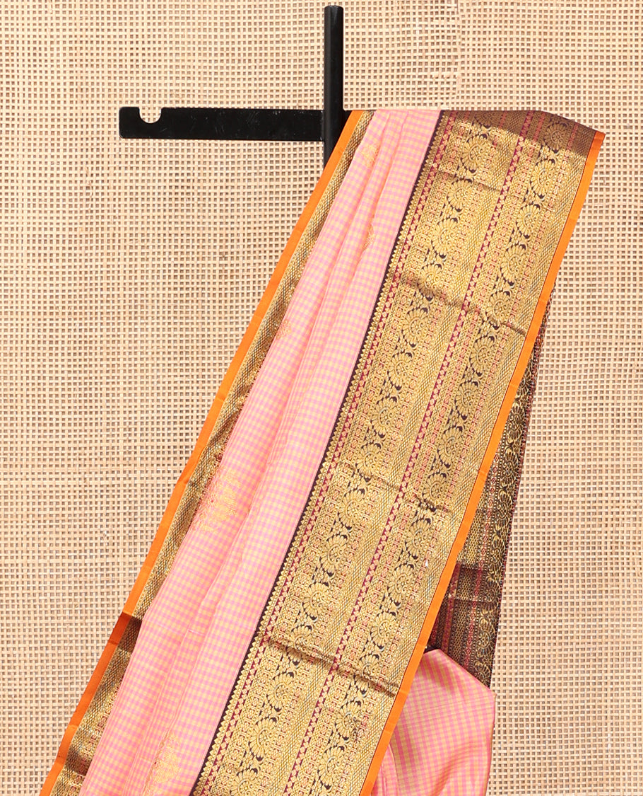 Pink Kasa-Kasa Checked Kanchipuram Silk Saree, Adorned with Zari Buttas, Complemented by a Contrast Border of Rekku, Muthu, Thilakam, Kamalam, and Mayil Kann Designs, Grand Pallu, and a Contrast Blouse