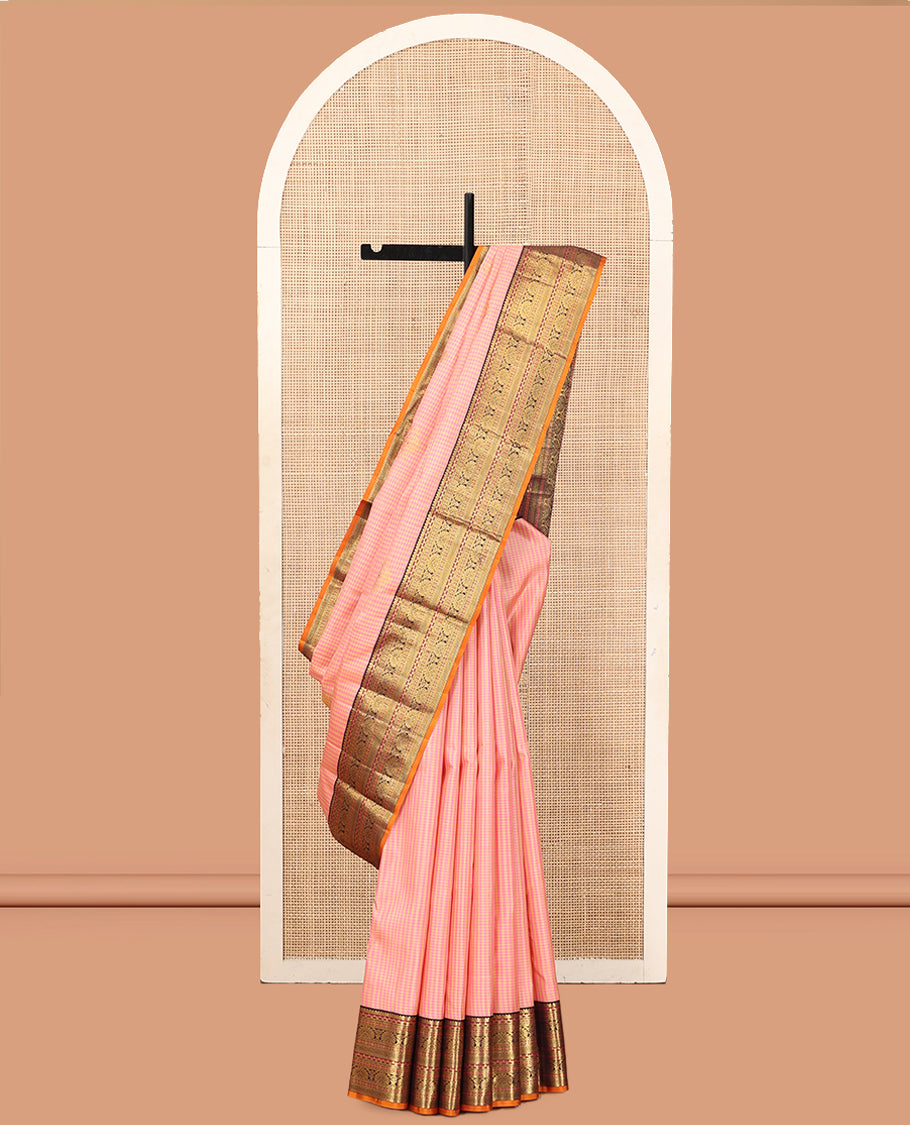 Pink Kasa-Kasa Checked Kanchipuram Silk Saree, Adorned with Zari Buttas, Complemented by a Contrast Border of Rekku, Muthu, Thilakam, Kamalam, and Mayil Kann Designs, Grand Pallu, and a Contrast Blouse