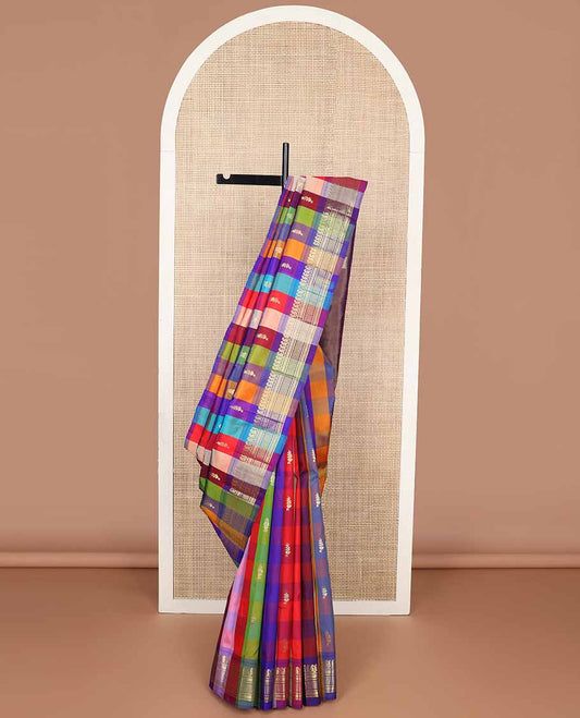 Multi-color checked, buttas kancheepuram silk saree with contrast border of manga, banaras design & zari design pallu