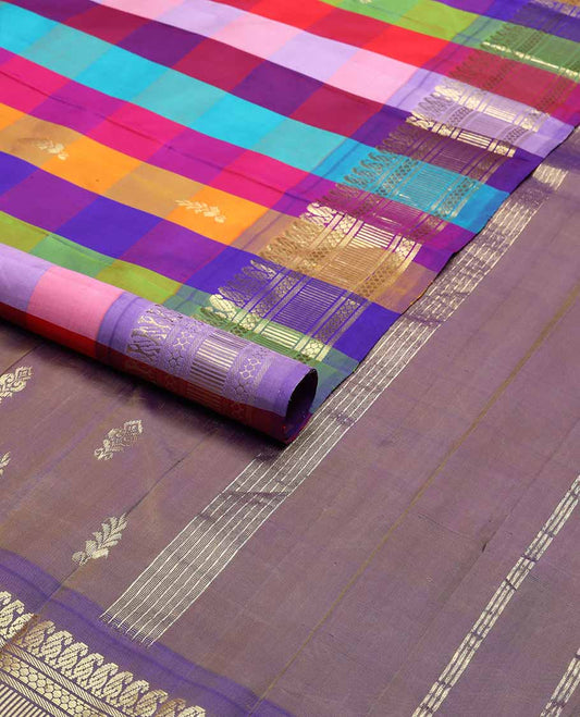 Multi-color checked, buttas kancheepuram silk saree with contrast border of manga, banaras design & zari design pallu