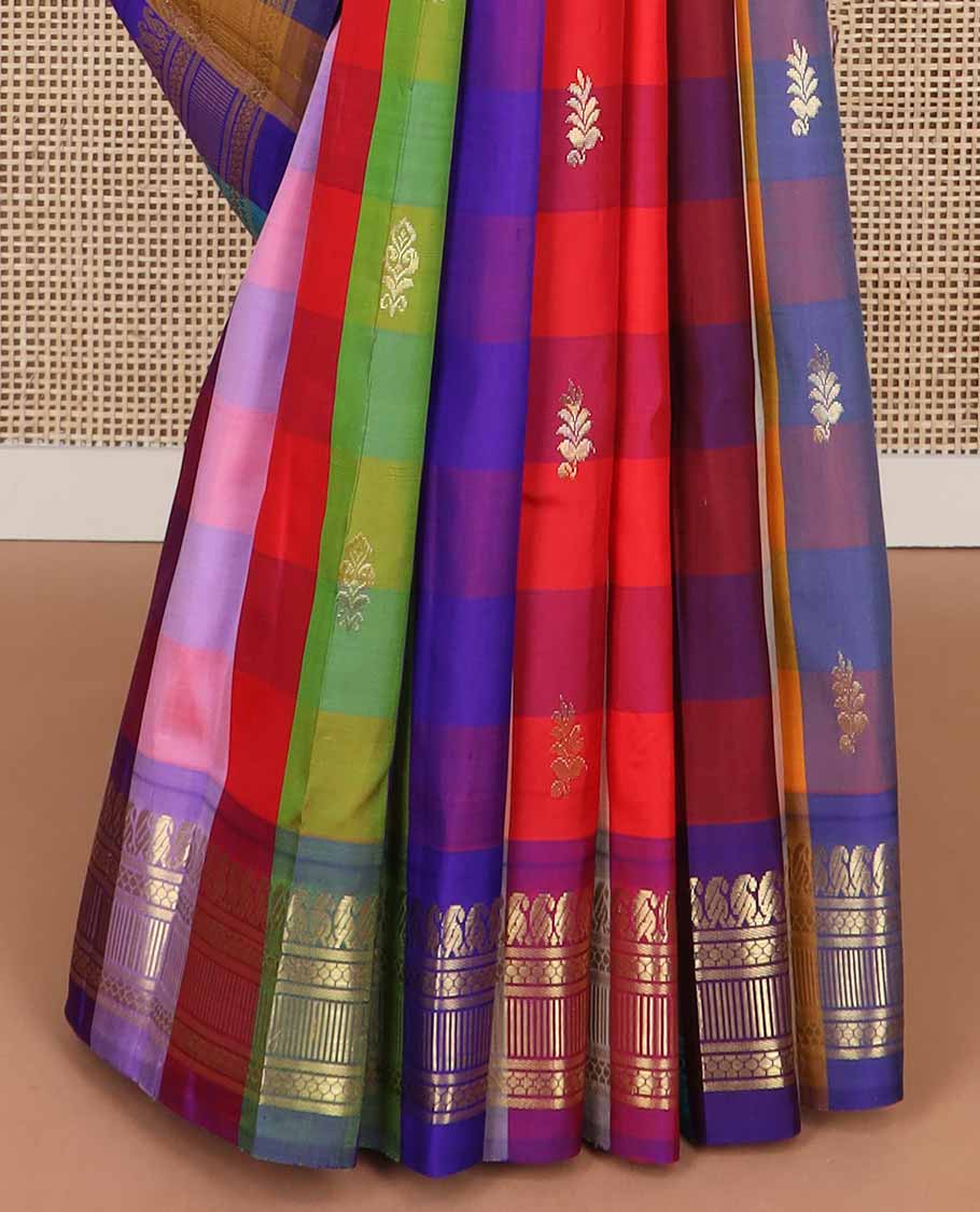 Multi-color checked, buttas kancheepuram silk saree with contrast border of manga, banaras design & zari design pallu