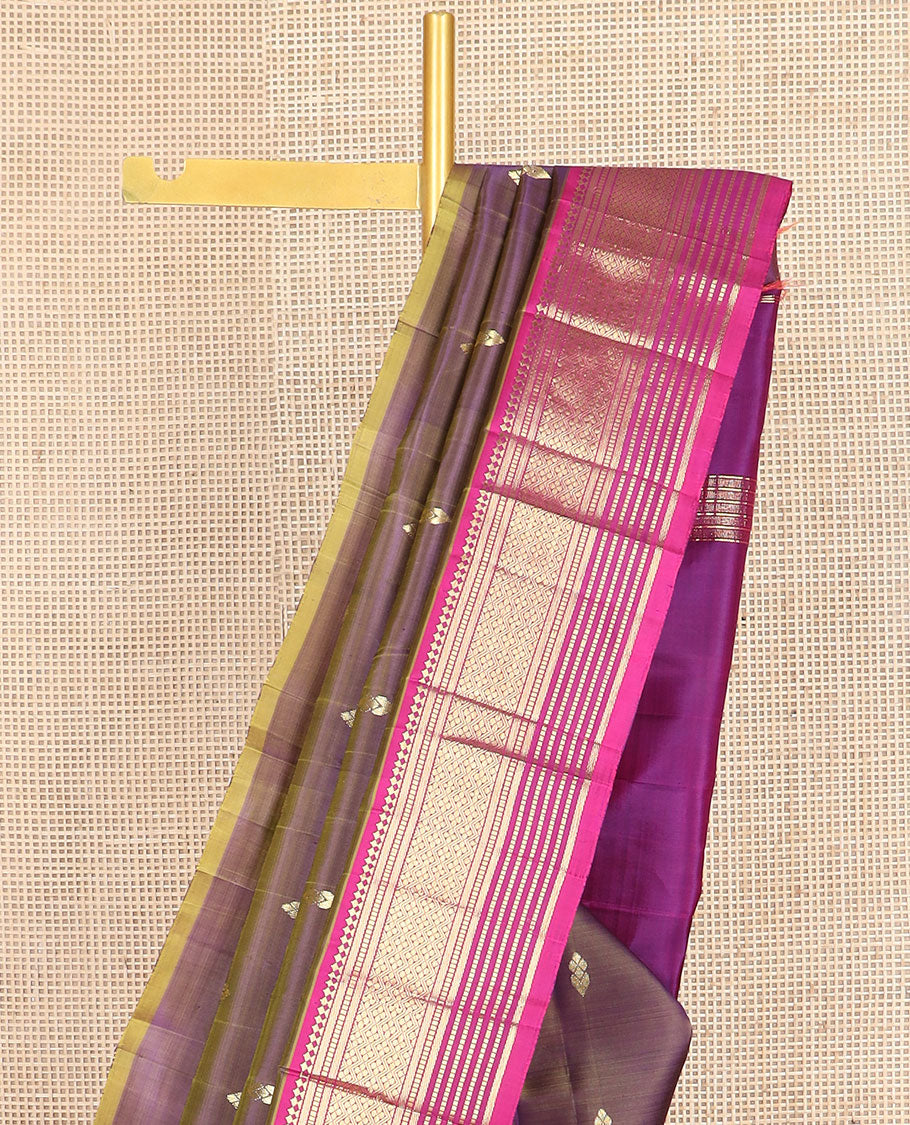 Purple zari buttas kanchipuram silksaree, contrast one-sided border of paneer sombu,banaras,muthu & jaal design & zari design pallu